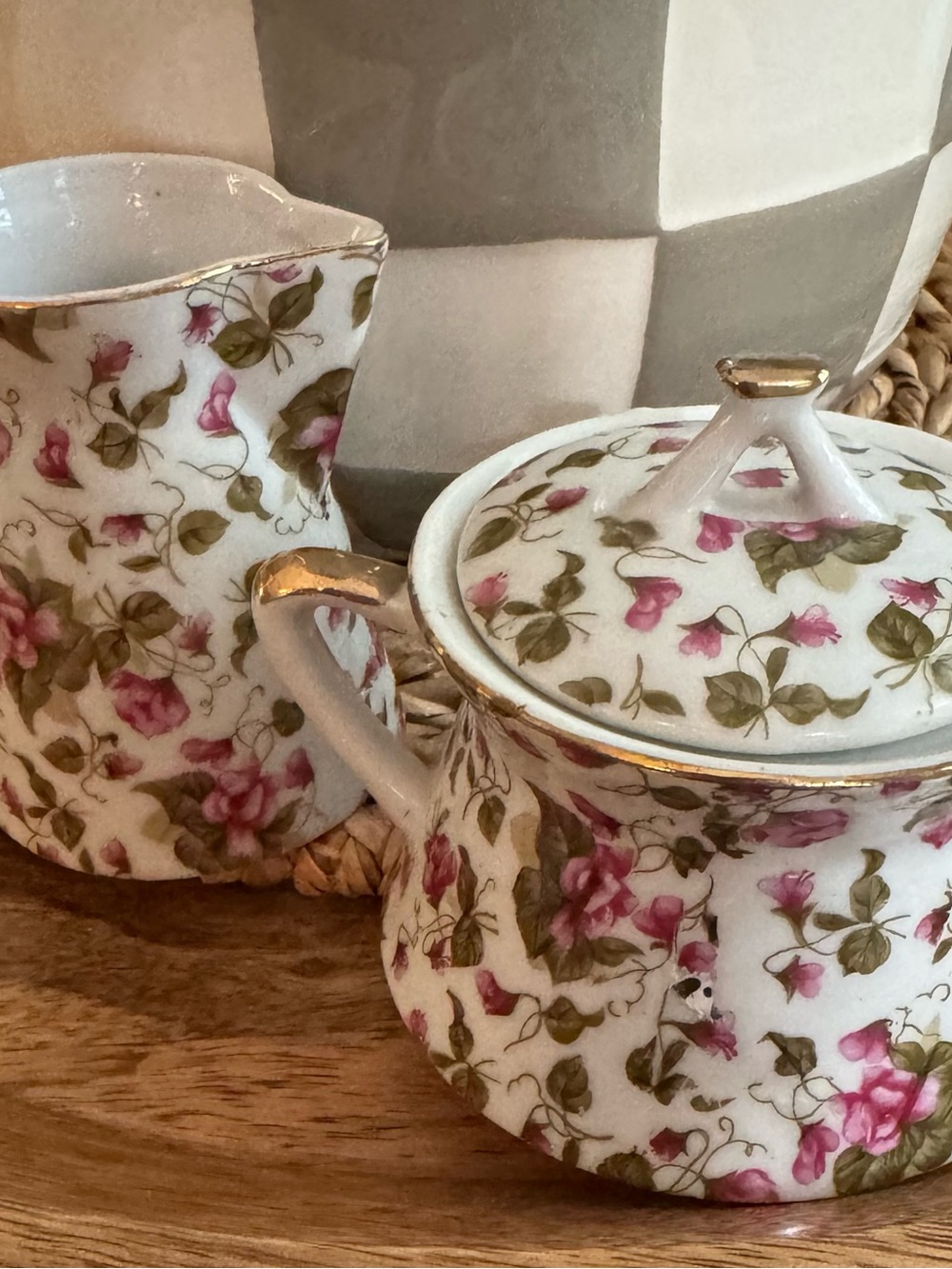 Lefton Rose Chintz Porcelain Sugar Bowl & Creamer Set with Gold Trim